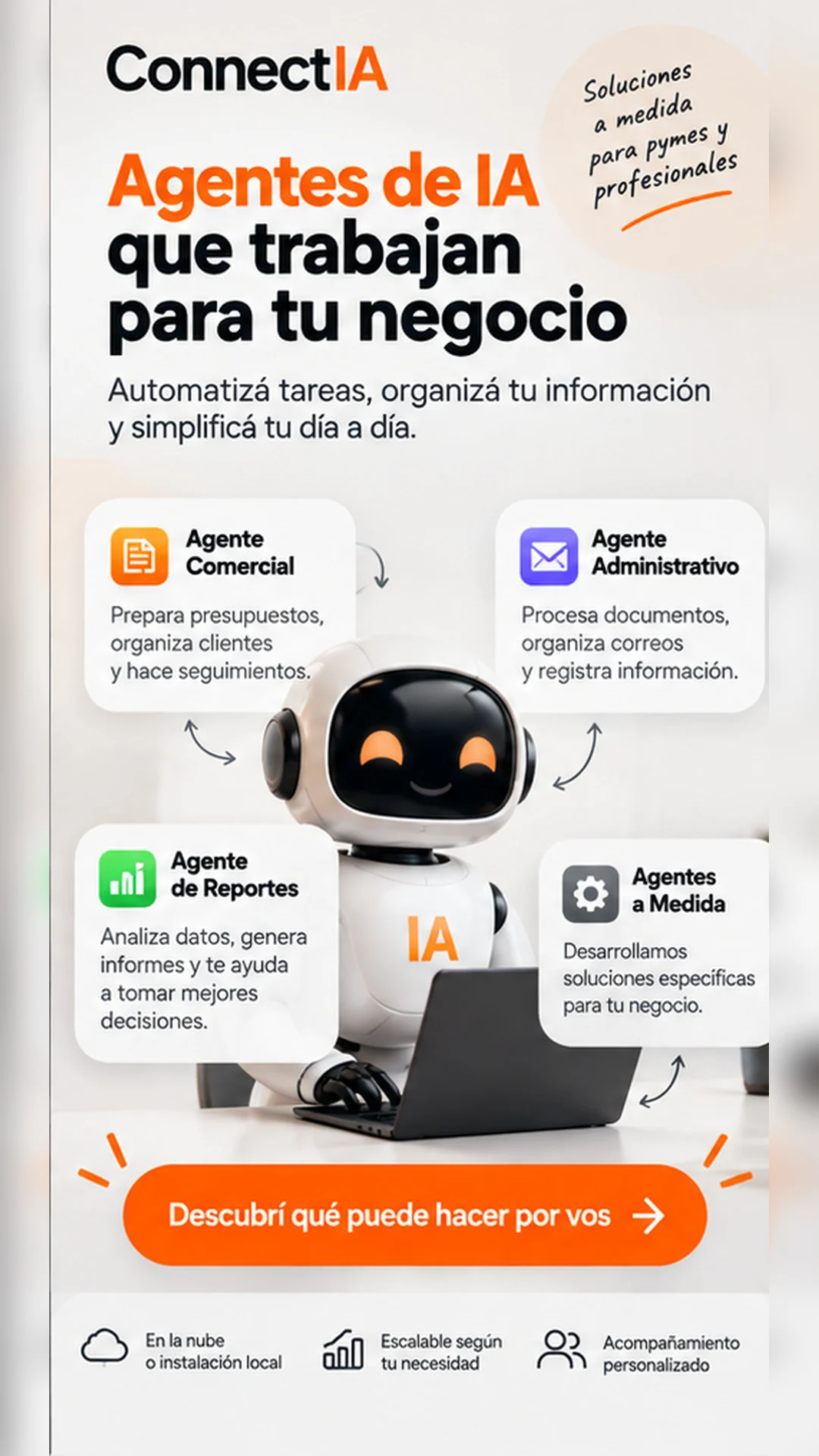 Robot blanco junto a ejemplos de tareas comerciales, administrativas y de reportes.