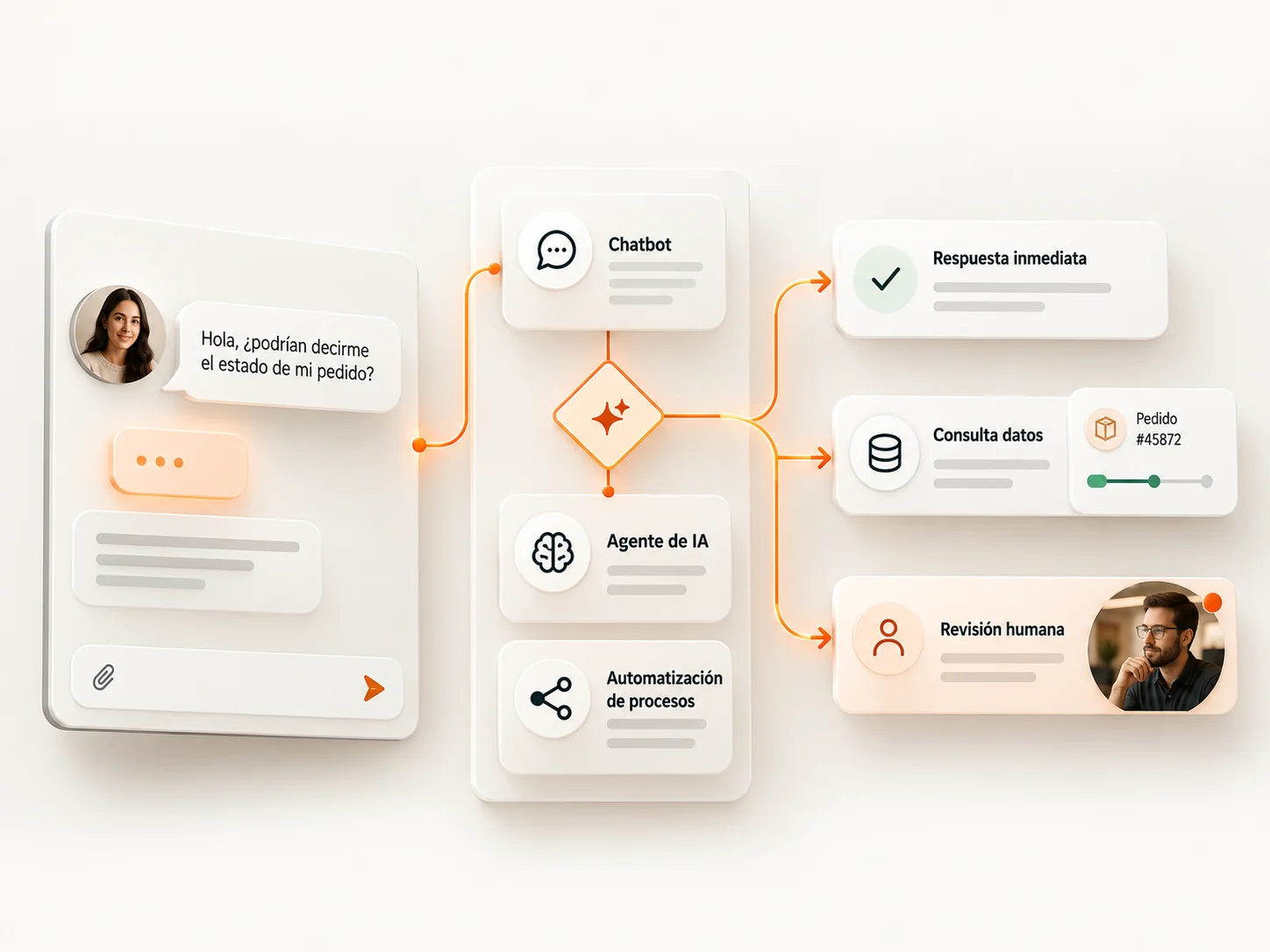 Una consulta conectada con un chatbot, un agente de IA y revisión humana.